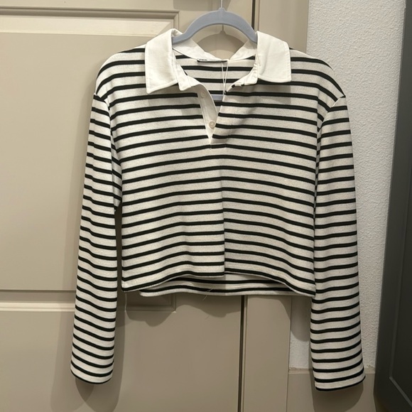 ZARA black and white striped crop long sleeve polo top size S 3905/003 - Picture 2 of 3